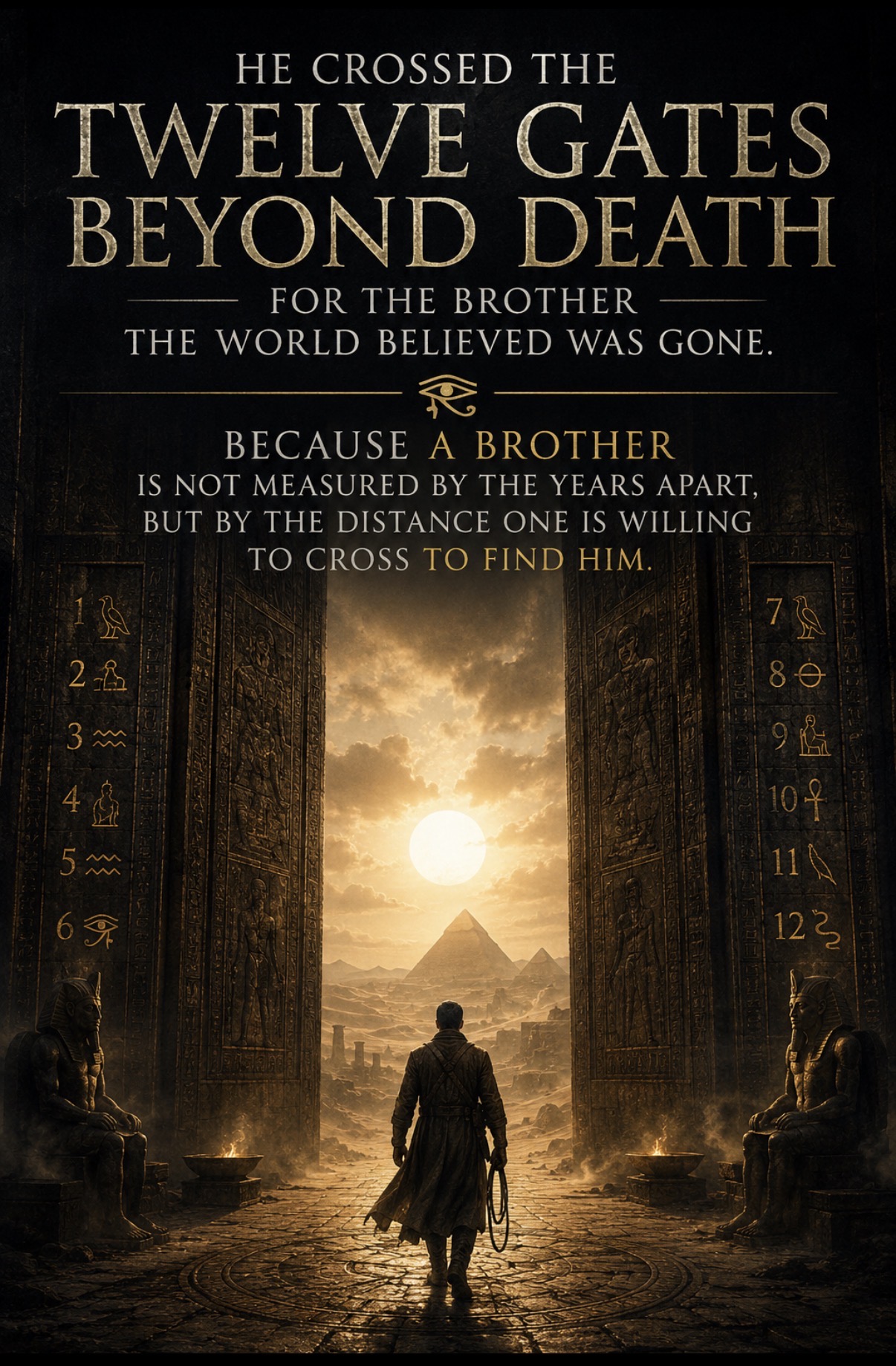 The Odyssey of the Last Executioner — poster showing a lone figure walking through the Twelve Gates toward a luminous pyramid horizon, flanked by hieroglyph-lined doors and seated pharaonic statues.